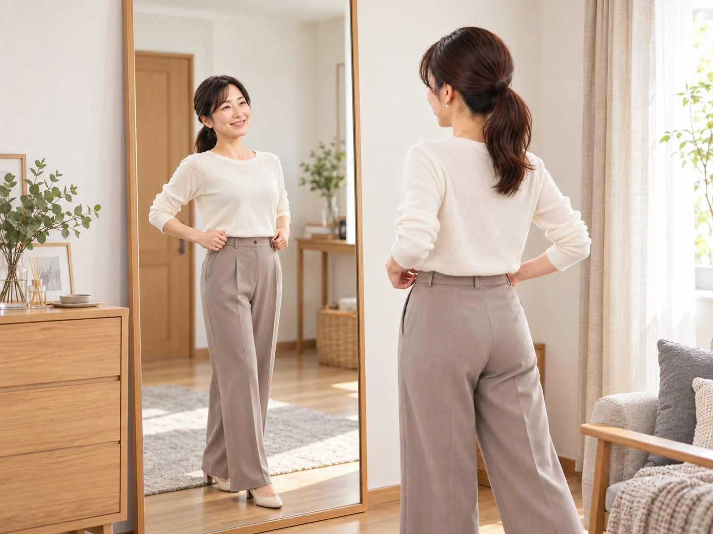 明るい部屋で、鏡に映る自分を見て微笑む女性(イメージ)