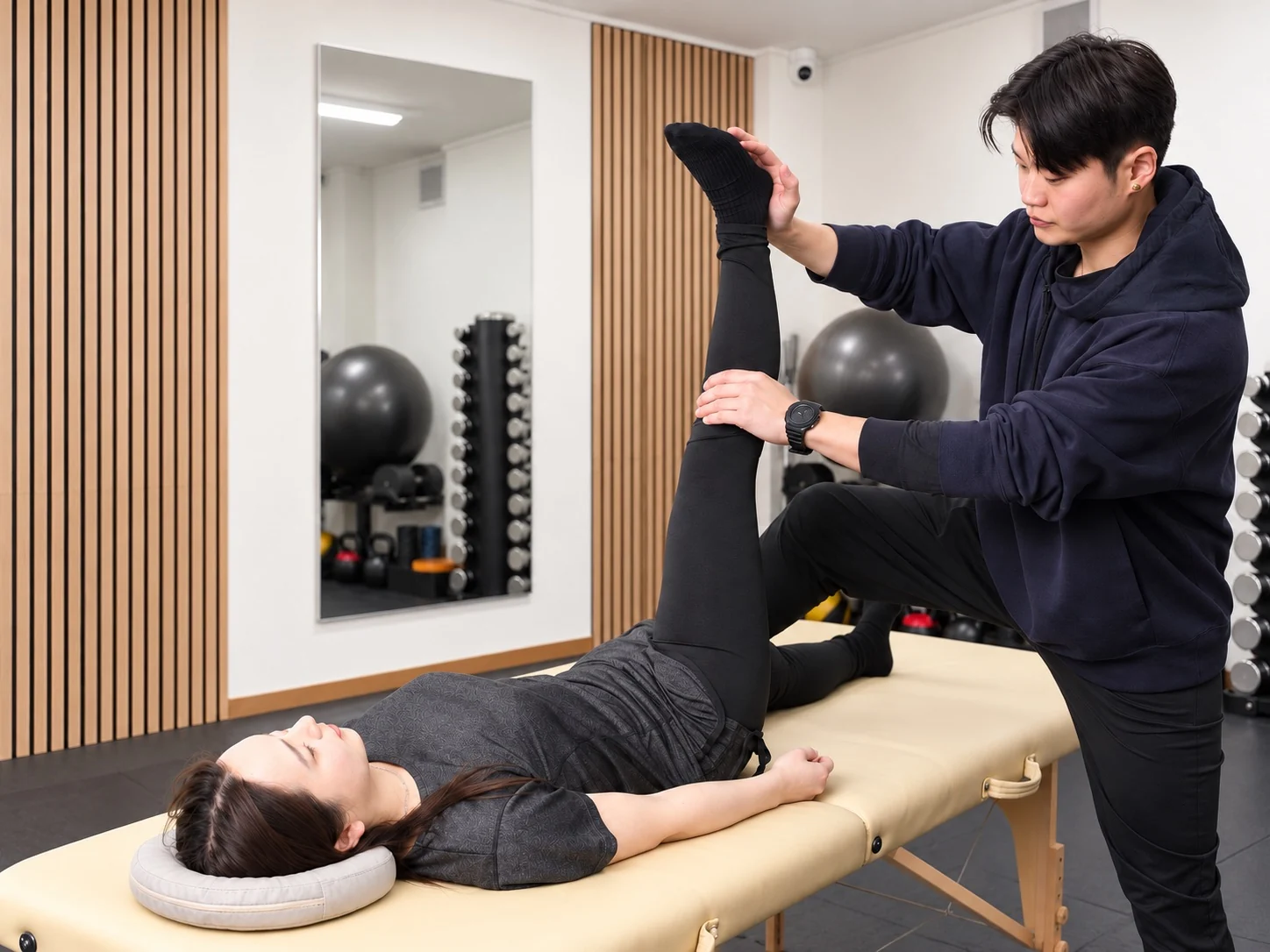 ベージュの整体ベッドに横になる女性の脚を、トレーナーが支えている様子