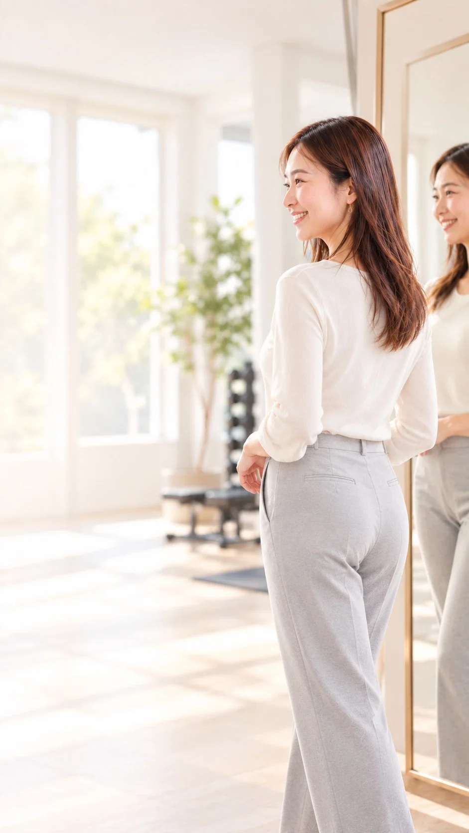 白いトップスとグレーのパンツの女性が、鏡の前に立つ様子（イメージ）
