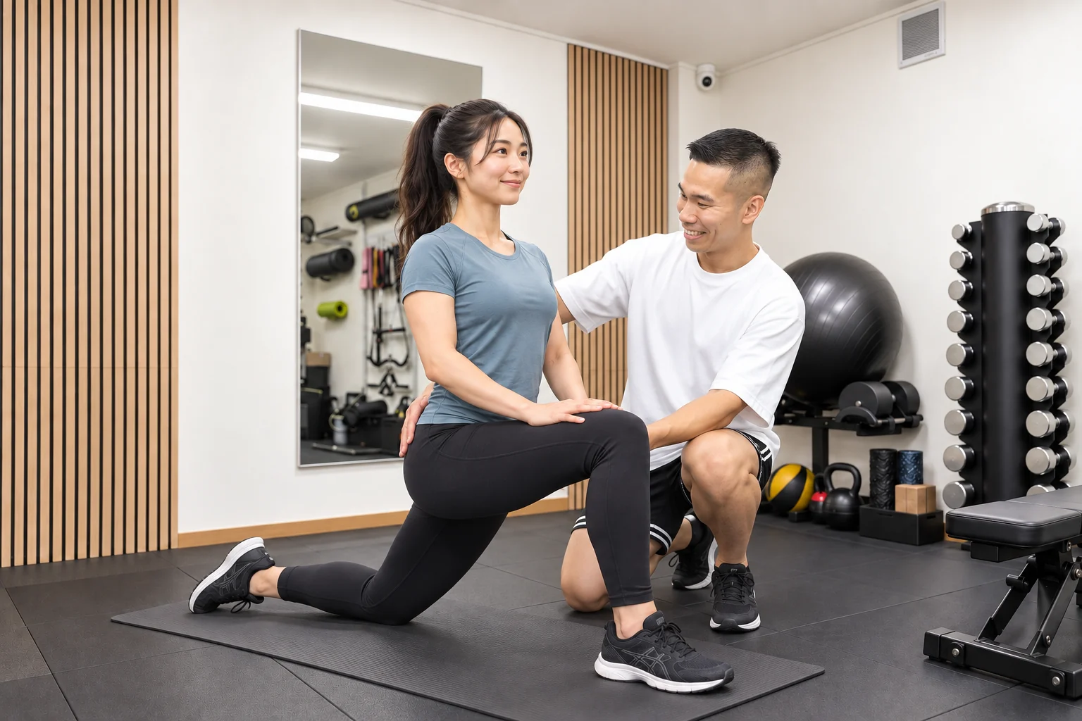 女性の片膝立ちのフォームをトレーナーが確認する様子(サービスのイメージ)