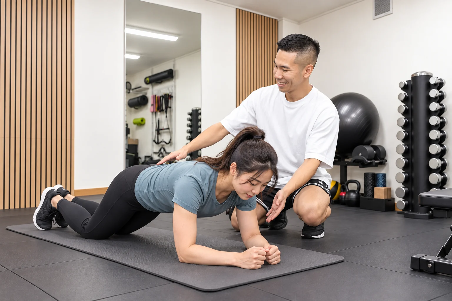 膝をついたプランクの姿勢をトレーナーが確認する様子(サービスのイメージ)