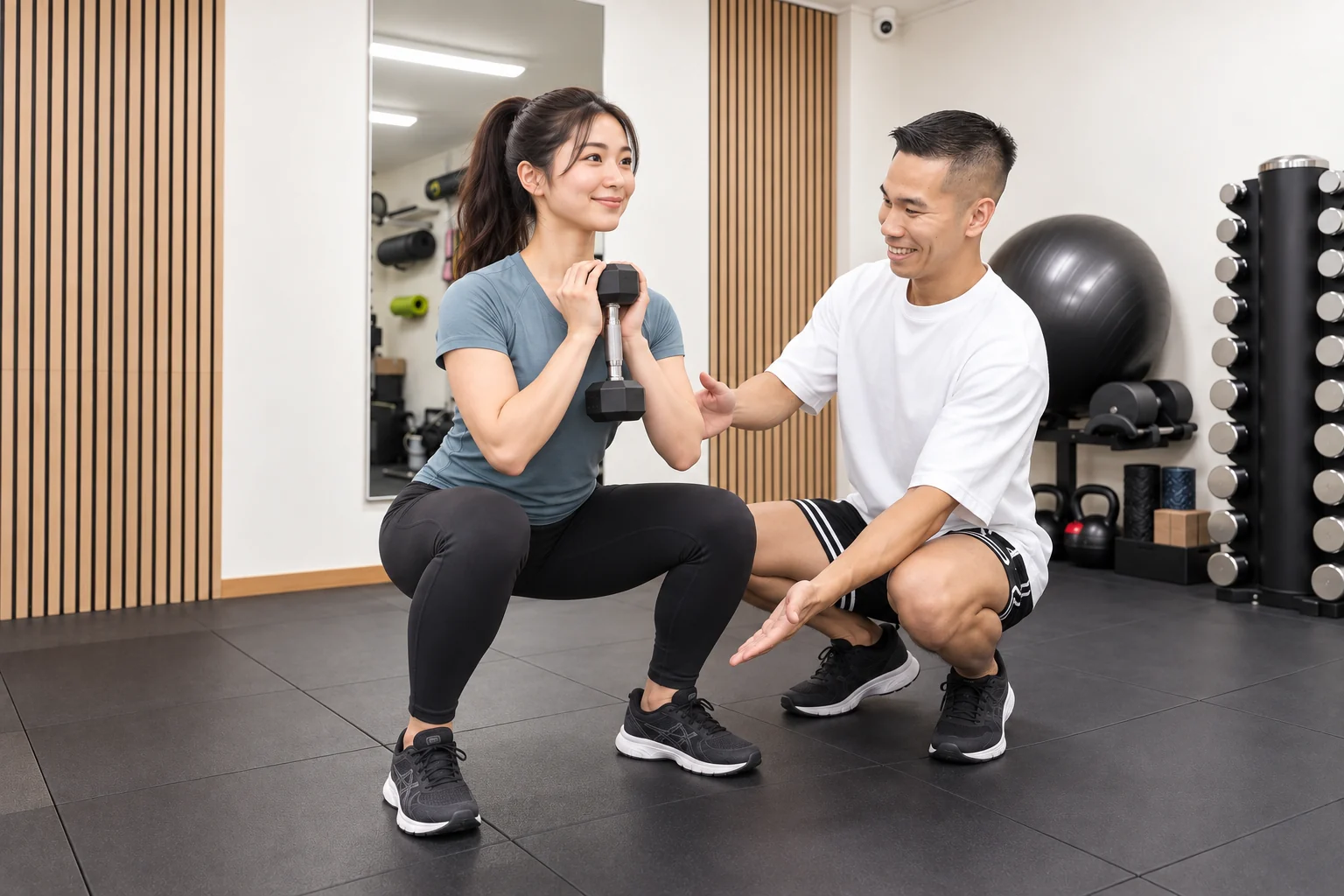 ダンベルを持った女性のスクワットをトレーナーが確認する様子(サービスのイメージ)