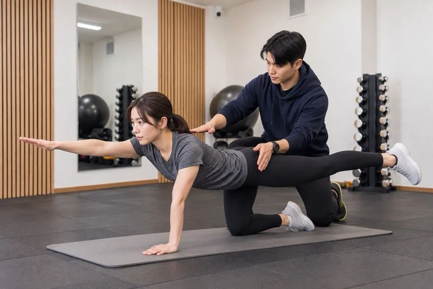 女性が片手と反対側の脚を伸ばし、トレーナーが姿勢を確認する様子（サービスのイメージ）