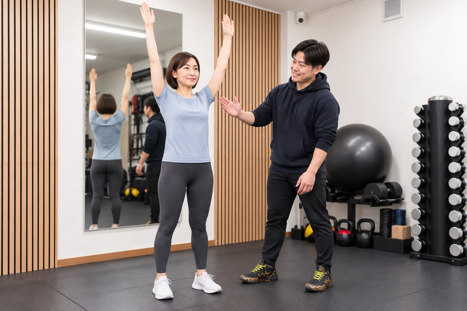 女性が両腕を上げ、トレーナーが姿勢を確認する様子（サービスのイメージ）