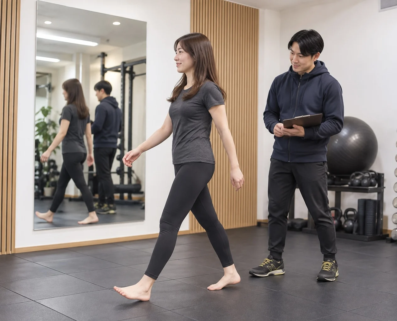 トレーナーが女性の歩き方を確認している様子(サービスのイメージ)