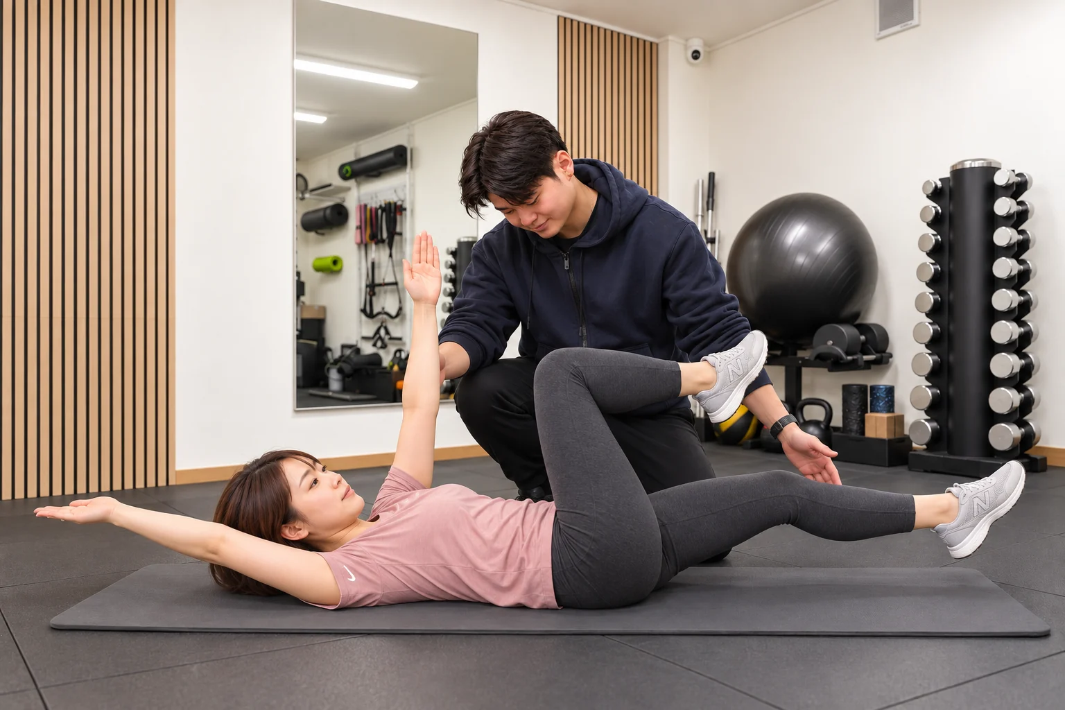 仰向けの女性の手足を動かす体幹運動をトレーナーが指導する様子(サービスのイメージ)