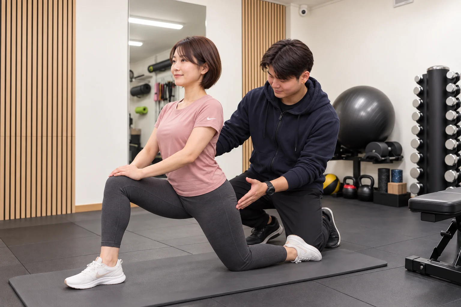 片膝立ちの女性の股関節まわりのストレッチをトレーナーが指導する様子(サービスのイメージ)