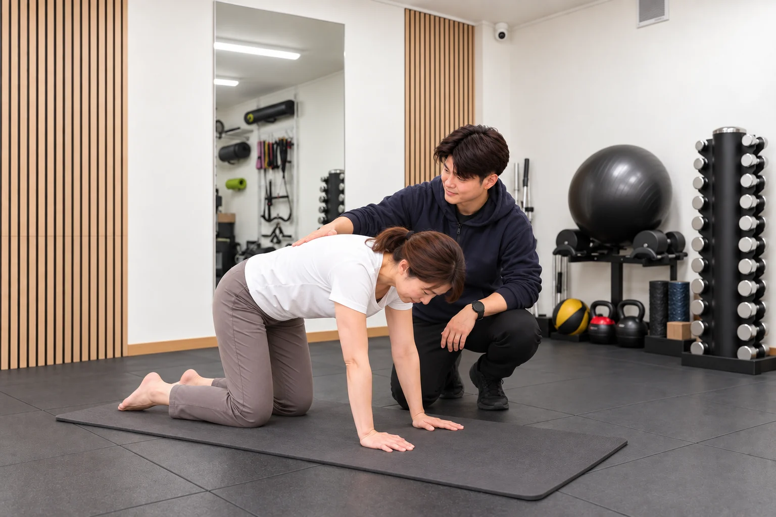 四つん這いの女性の背中や姿勢をトレーナーが確認する様子(サービスのイメージ)